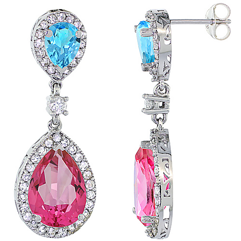 14K WHITE GOLD NATURAL PINK & SWISS BLUE TOPAZES TEARDROP EARRINGS WHITE SAPPHIRE & DIAMOND