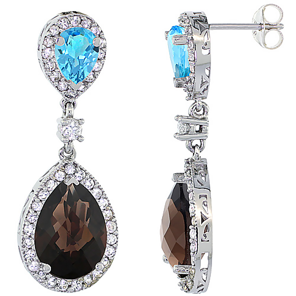 14K WHITE GOLD NATURAL SMOKY & SWISS BLUE TOPAZES TEARDROP EARRINGS WHITE SAPPHIRE & DIAMOND