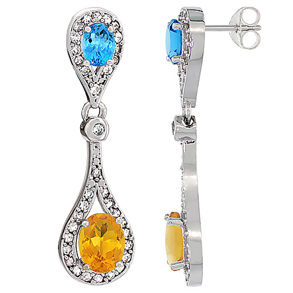 14K White Gold Natural Citrine &amp; Swiss Blue Topaz Oval Dangling Earrings White Sapphire &amp; Diamond Accents, 1 3/8 inches long