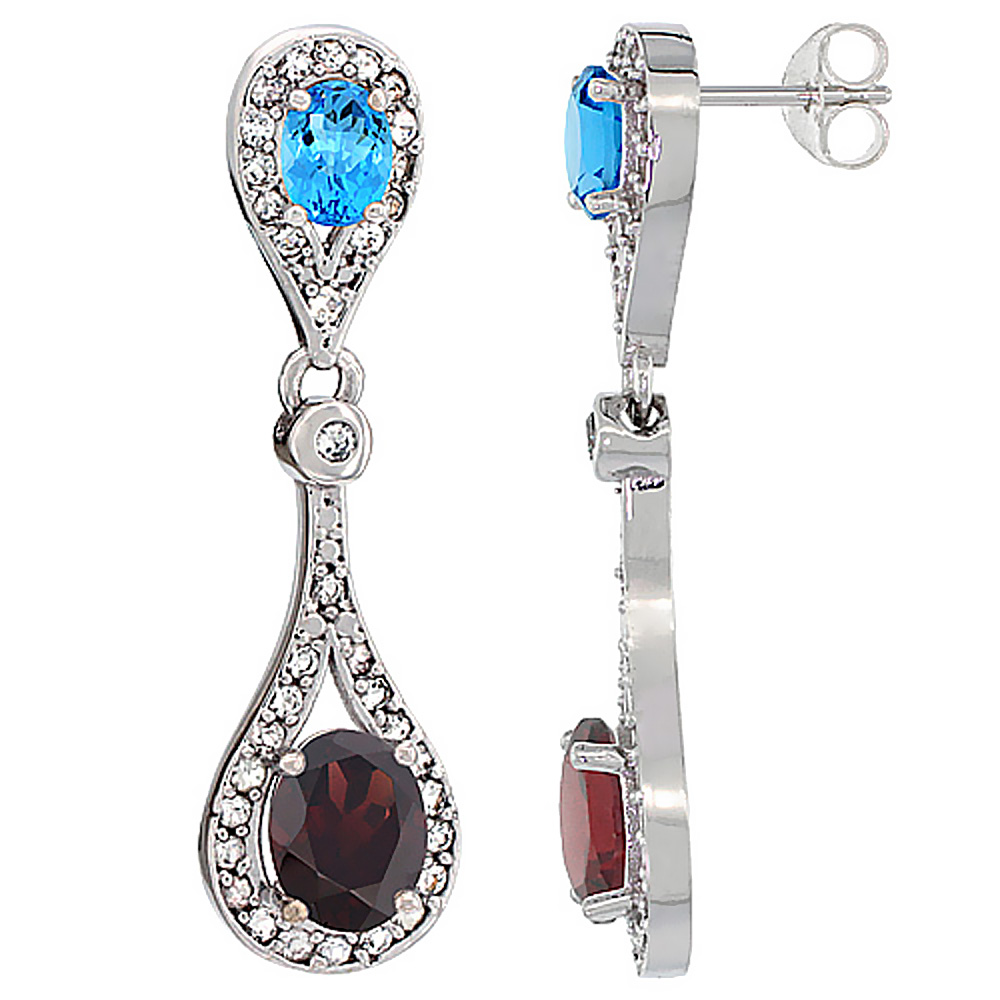 14K WHITE GOLD NATURAL GARNET & SWISS BLUE TOPAZ OVAL DANGLING EARRINGS WHITE SAPPHIRE & DIAMOND ACCENTS, 1 3/8 INCHES LONG
