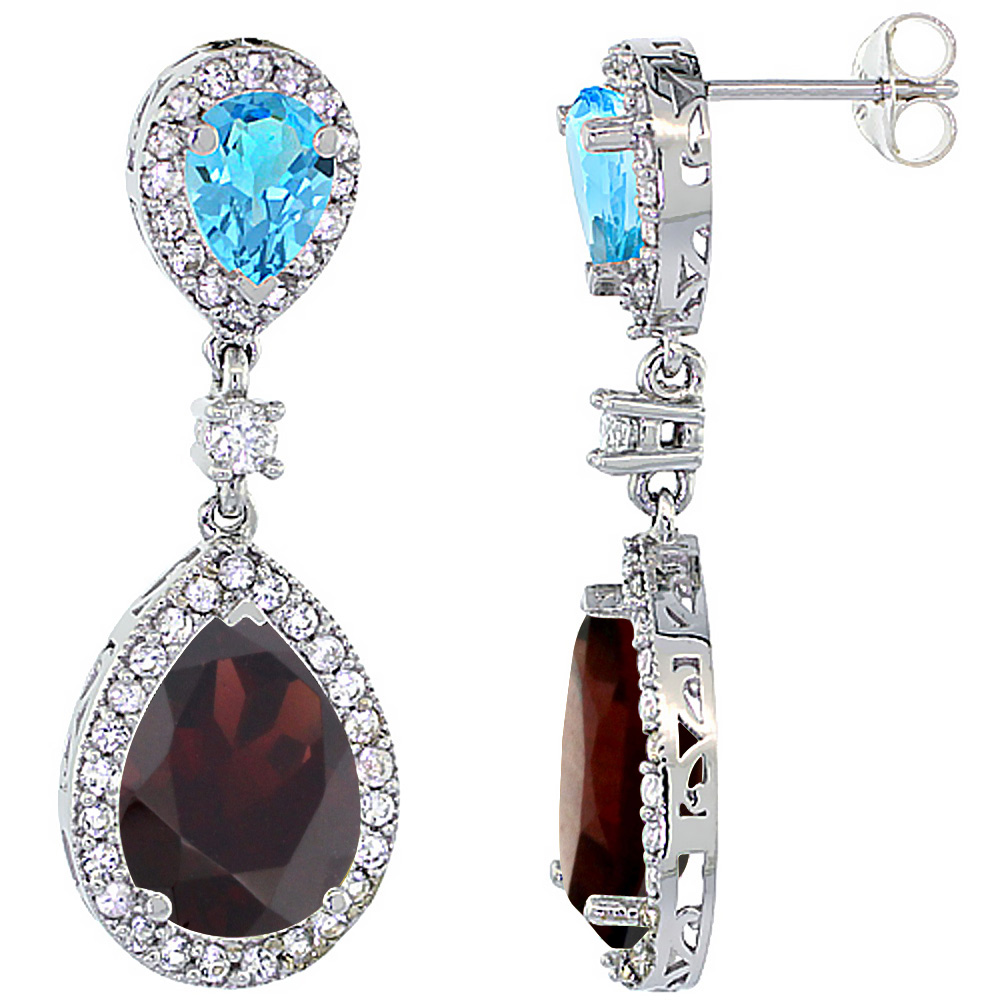14K White Gold Natural Garnet &amp; Swiss Blue Topaz Teardrop Earrings White Sapphire &amp; Diamond