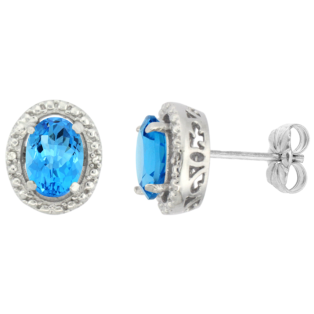10K WHITE GOLD 0.01 CTTW DIAMOND NATURAL SWISS BLUE TOPAZ POST EARRINGS OVAL 7X5 MM