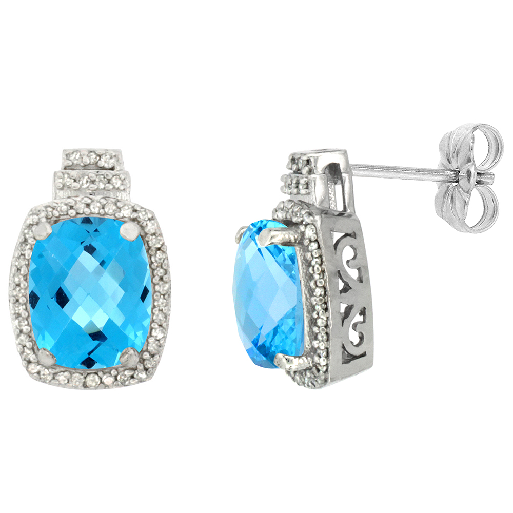 10K White Gold 0.29 cttw Diamond Natural Swiss Blue Topaz Earrings Octagon Cushion 8x6 mm