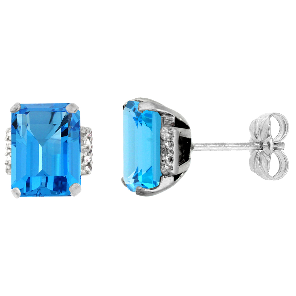 10K WHITE GOLD 0.02 CTTW DIAMOND NATURAL SWISS BLUE TOPAZ EARRINGS OCTAGON 8X6 MM