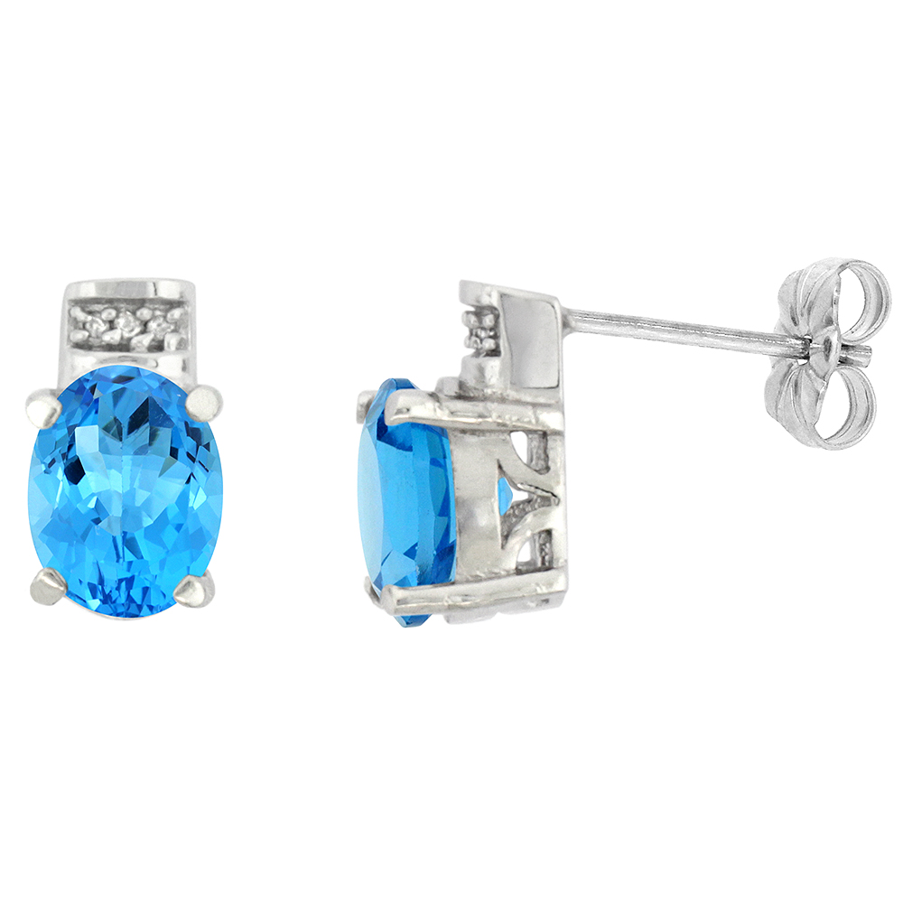 10K WHITE GOLD DIAMOND NATURAL SWISS BLUE TOPAZ EARRINGS OVAL 8X6 MM