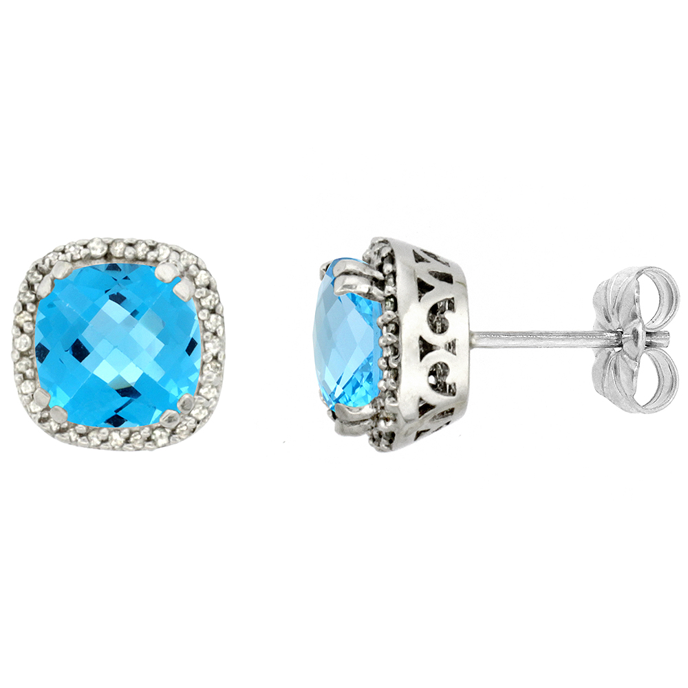 10k White Gold Diamond Halo Natural Swiss Blue Topaz Stud Earrings Cushion Shaped 7x7 mm