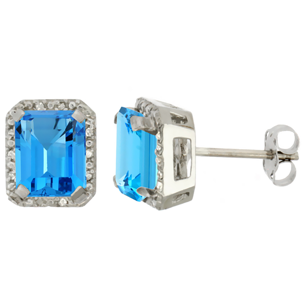 10K WHITE GOLD DIAMOND NATURAL SWISS BLUE TOPAZ EARRINGS OCTAGON 8X6 MM