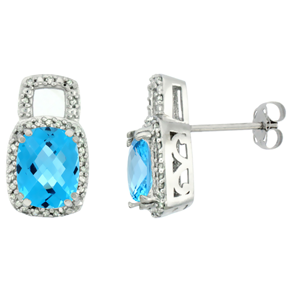 10K WHITE GOLD DIAMOND NATURAL SWISS BLUE TOPAZ EARRINGS OCTAGON CUSHION 8X6 MM