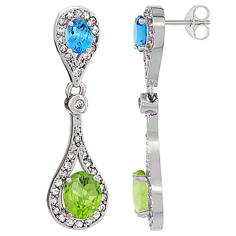 14K WHITE GOLD NATURAL PERIDOT & SWISS BLUE TOPAZ OVAL DANGLING EARRINGS WHITE SAPPHIRE & DIAMOND ACCENTS, 1 3/8 INCHES LONG