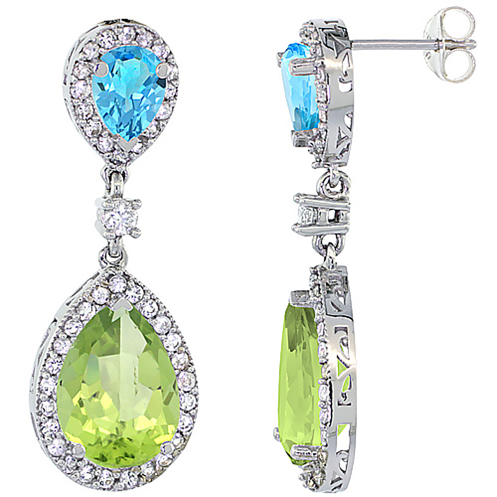 14K WHITE GOLD NATURAL PERIDOT & SWISS BLUE TOPAZ TEARDROP EARRINGS WHITE SAPPHIRE & DIAMOND