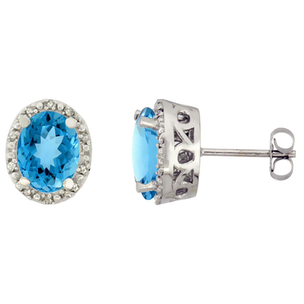 10K WHITE GOLD GENUINE SWISS BLUE TOPAZ STUD EARRINGS DIAMOND HALO OVAL 8X6 MM