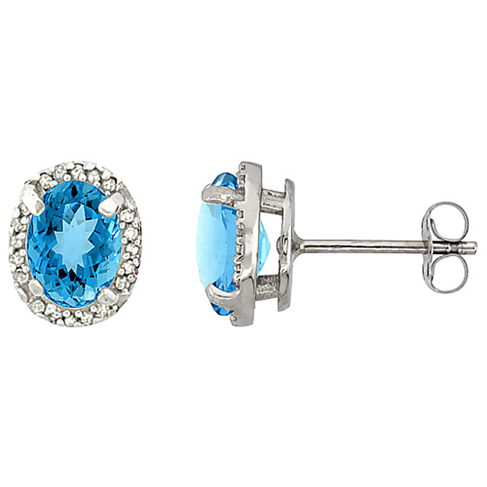 10K WHITE GOLD DIAMOND NATURAL SWISS BLUE TOPAZ EARRINGS OVAL 7X5 MM