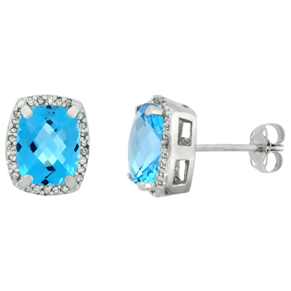 10K WHITE GOLD DIAMOND NATURAL SWISS BLUE TOPAZ EARRINGS OCTAGON CUSHION 8X6 MM
