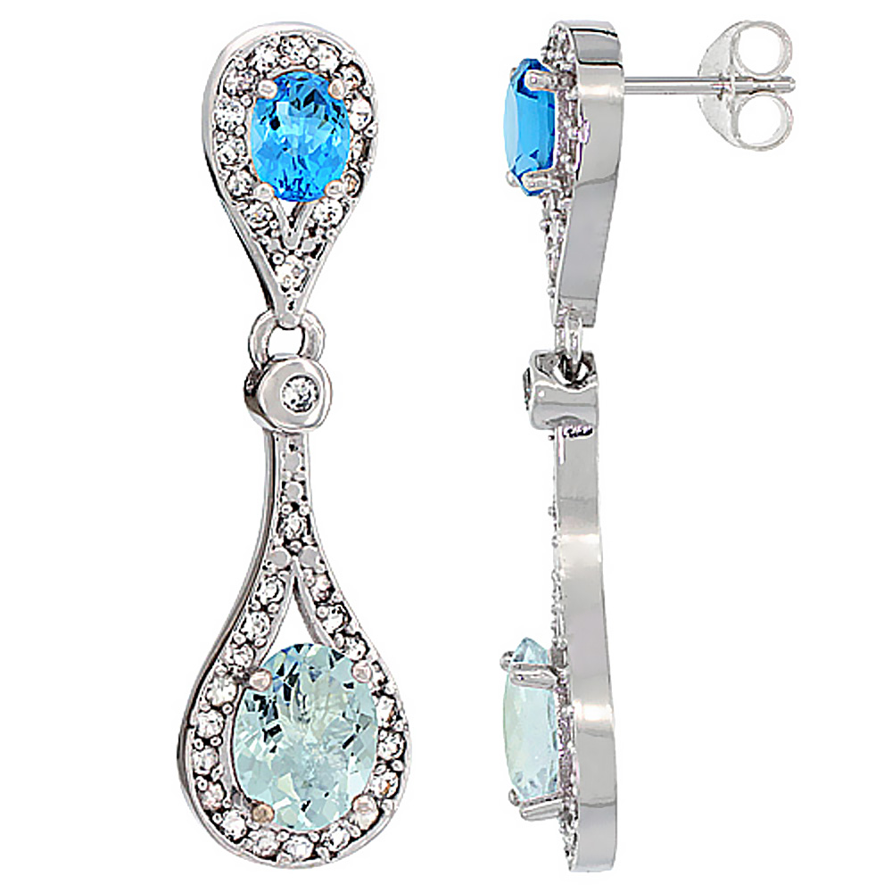 14K WHITE GOLD NATURAL AQUAMARINE & SWISS BLUE TOPAZ OVAL DANGLING EARRINGS WHITE SAPPHIRE & DIAMOND ACCENTS, 1 3/8 INCHES LONG