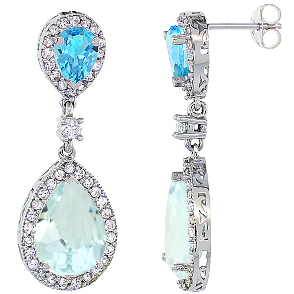 14K White Gold Natural Aquamarine &amp; Swiss Blue Topaz Teardrop Earrings White Sapphire &amp; Diamond