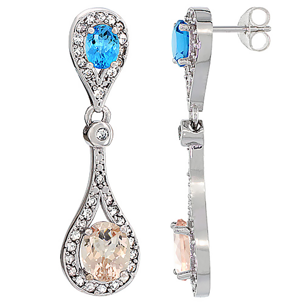 14K WHITE GOLD NATURAL MORGANITE & SWISS BLUE TOPAZ OVAL DANGLING EARRINGS WHITE SAPPHIRE & DIAMOND ACCENTS, 1 3/8 INCHES LONG