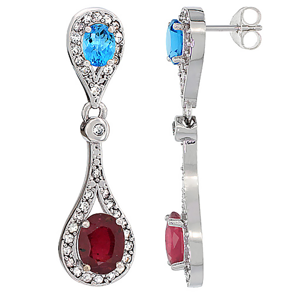 14K WHITE GOLD ENHANCED RUBY & SWISS BLUE TOPAZ OVAL DANGLING EARRINGS WHITE SAPPHIRE & DIAMOND ACCENTS, 1 3/8 INCHES LONG