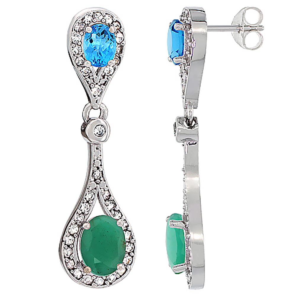 14K WHITE GOLD NATURAL EMERALD & SWISS BLUE TOPAZ OVAL DANGLING EARRINGS WHITE SAPPHIRE & DIAMOND ACCENTS, 1 3/8 INCHES LONG