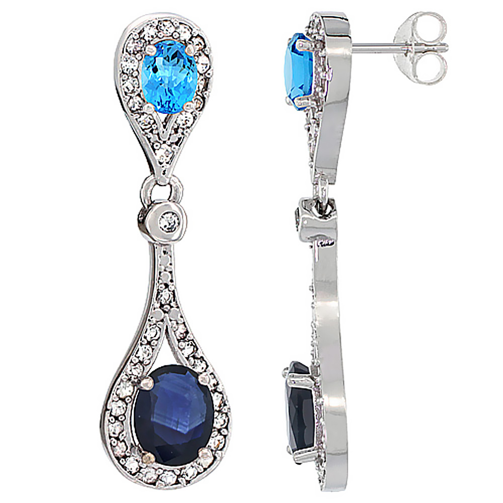 14K WHITE GOLD NATURAL BLUE SAPPHIRE & SWISS BLUE TOPAZ OVAL DANGLING EARRINGS WHITE SAPPHIRE & DIAMOND ACCENTS, 1 3/8 INCHES LONG