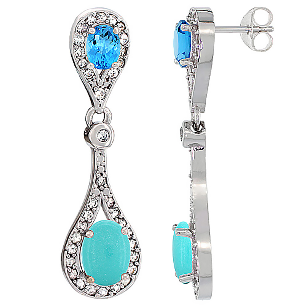 14K WHITE GOLD NATURAL TURQUOISE & SWISS BLUE TOPAZ OVAL DANGLING EARRINGS WHITE SAPPHIRE & DIAMOND ACCENTS, 1 3/8 INCHES LONG