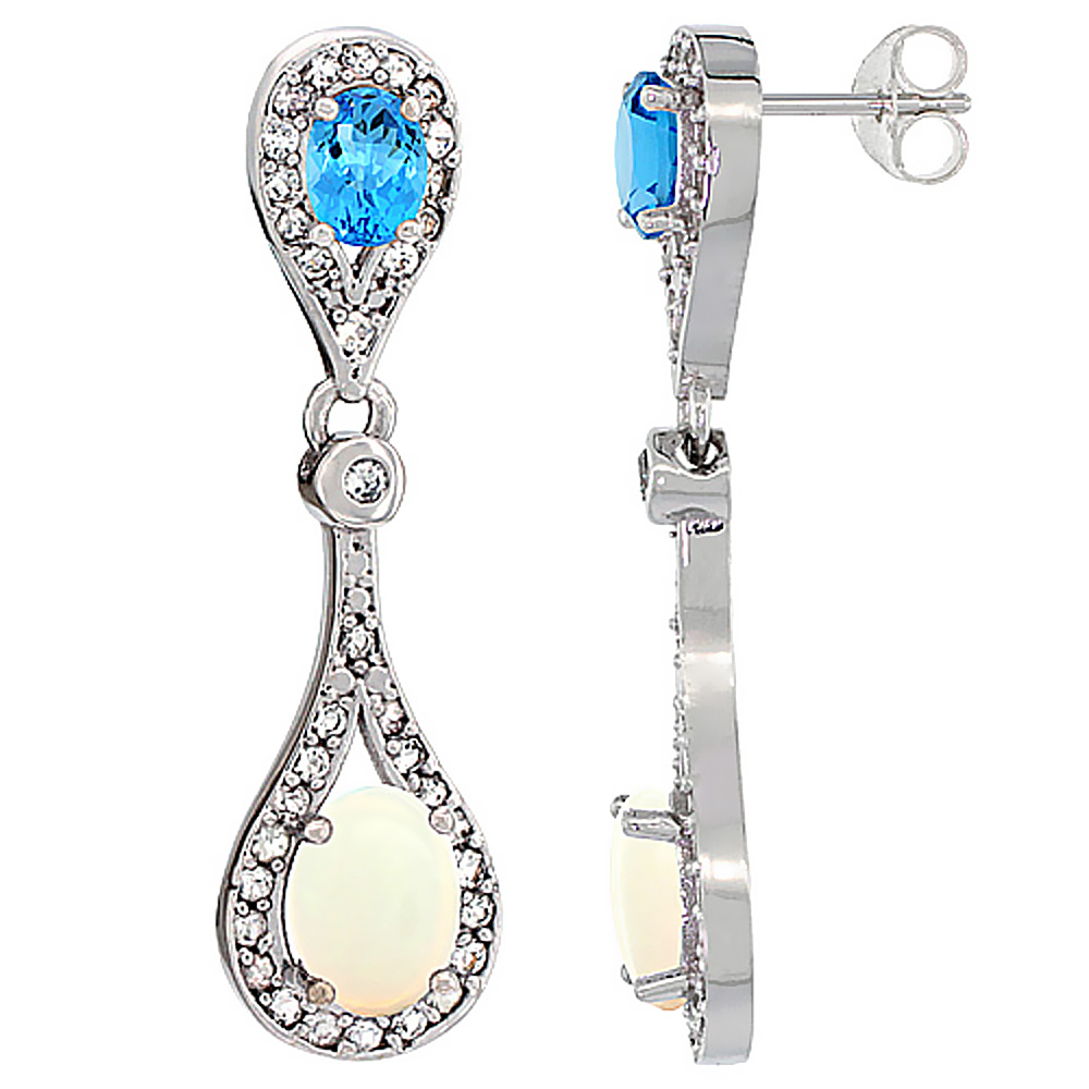 14K White Gold Natural Opal &amp; Swiss Blue Topaz Oval Dangling Earrings White Sapphire &amp; Diamond Accents, 1 3/8 inches long