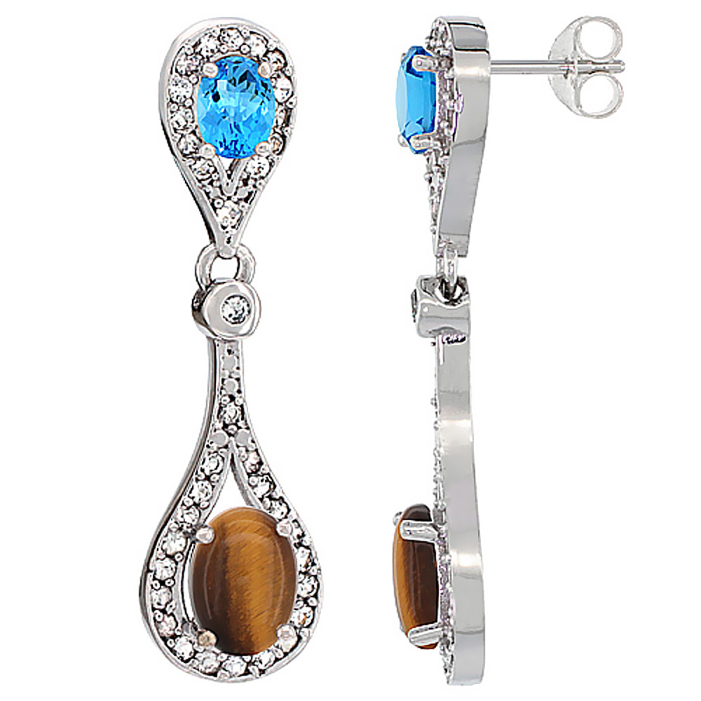 14K WHITE GOLD NATURAL TIGER EYE & SWISS BLUE TOPAZ OVAL DANGLING EARRINGS WHITE SAPPHIRE & DIAMOND ACCENTS, 1 3/8 INCHES LONG