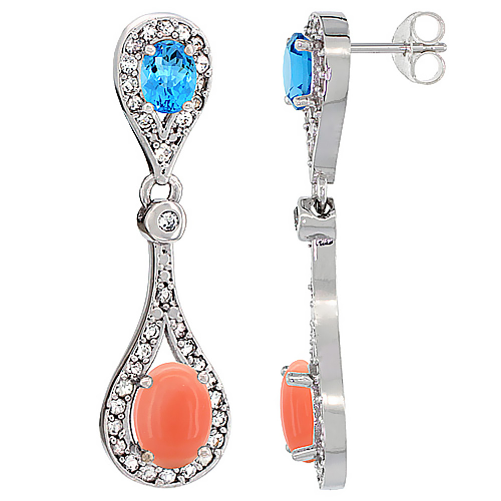 14K WHITE GOLD NATURAL CORAL & SWISS BLUE TOPAZ OVAL DANGLING EARRINGS WHITE SAPPHIRE & DIAMOND ACCENTS, 1 3/8 INCHES LONG