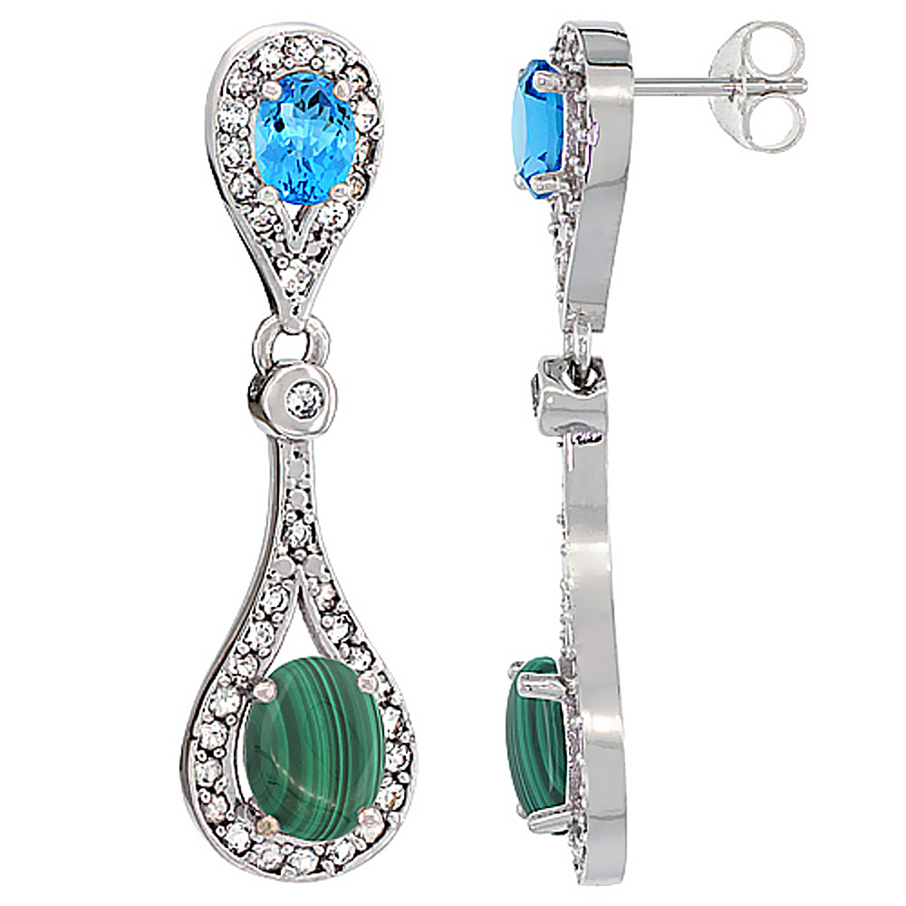 14K White Gold Natural Malachite & Swiss Blue Topaz Oval Dangling Earrings White Sapphire & Diamond Accents, 1 3/8 inches long
