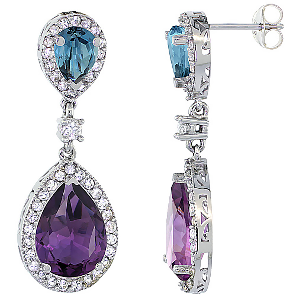 10K White Gold Natural Amethyst &amp; London Blue Topaz Teardrop Earrings White Sapphire &amp; Diamond