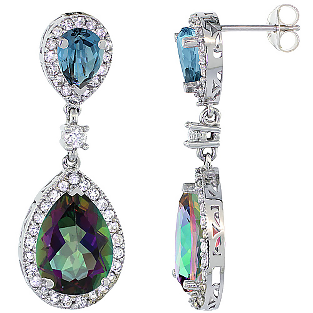 10K White Gold Natural Mystic & London Blue Topazes Teardrop Earrings White Sapphire & Diamond