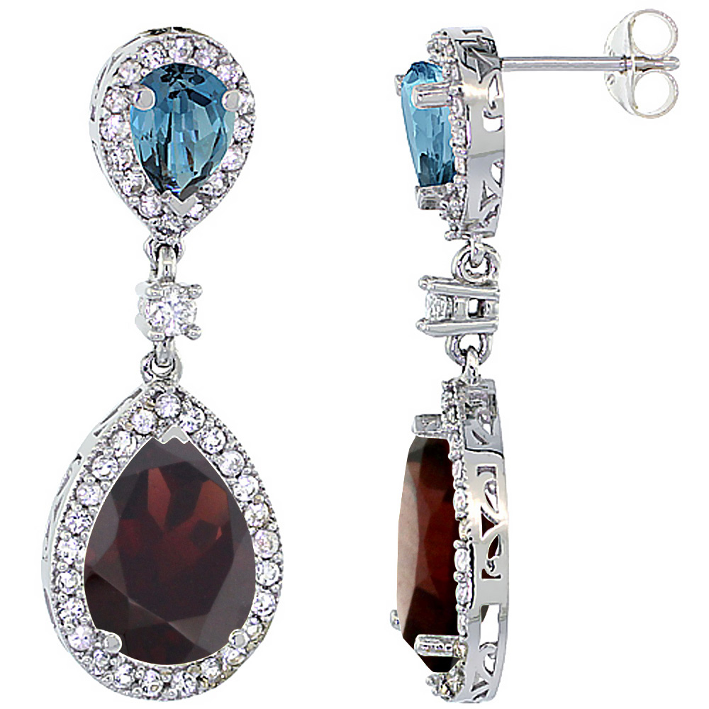 10K White Gold Natural Garnet & London Blue Topaz Teardrop Earrings White Sapphire & Diamond