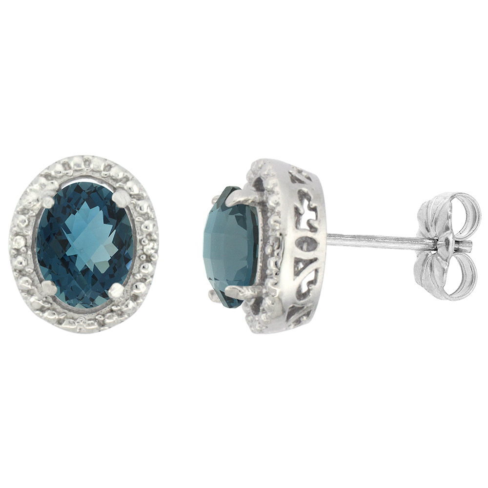 10K WHITE GOLD 0.01 CTTW DIAMOND NATURAL LONDON BLUE TOPAZ POST EARRINGS OVAL 7X5 MM