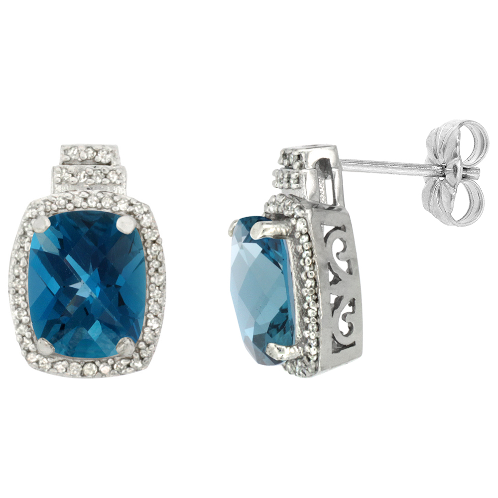 10K WHITE GOLD 0.29 CTTW DIAMOND NATURAL LONDON BLUE TOPAZ EARRINGS OCTAGON CUSHION 8X6 MM