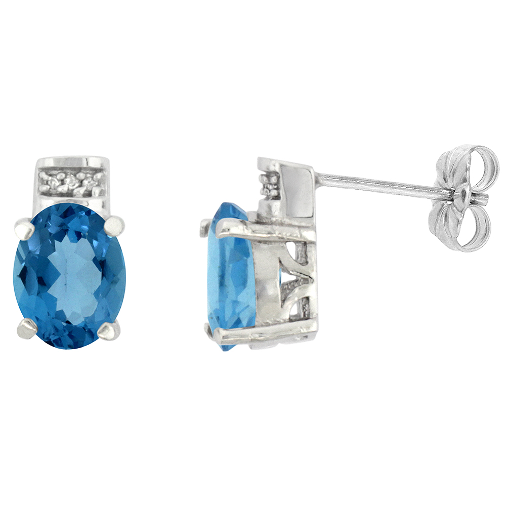 10K WHITE GOLD DIAMOND NATURAL LONDON BLUE TOPAZ EARRINGS OVAL 8X6 MM