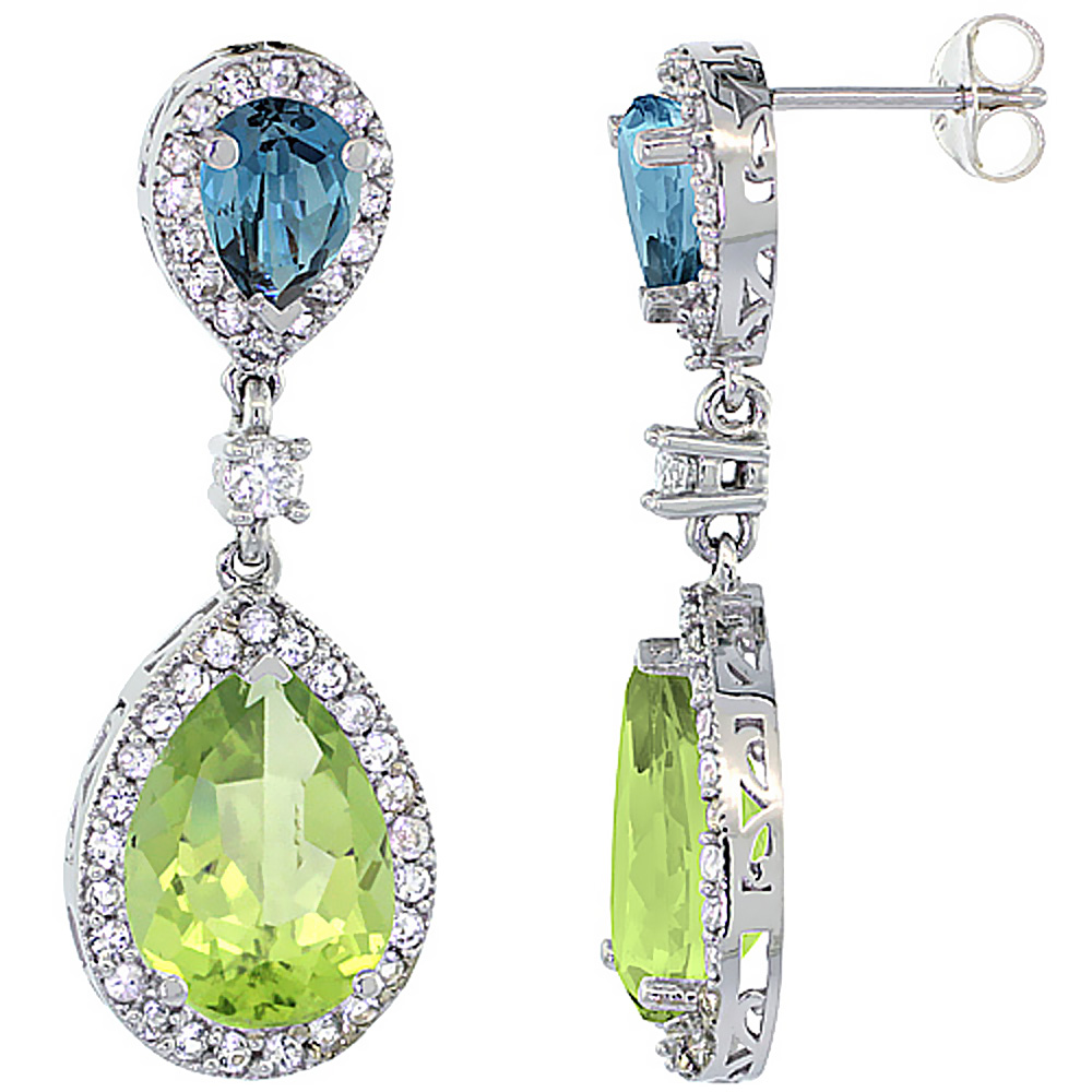 14K WHITE GOLD NATURAL PERIDOT & LONDON BLUE TOPAZ TEARDROP EARRINGS WHITE SAPPHIRE & DIAMOND