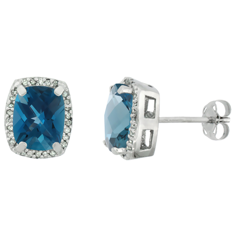 10K WHITE GOLD DIAMOND NATURAL LONDON BLUE TOPAZ EARRINGS OCTAGON CUSHION 8X6 MM