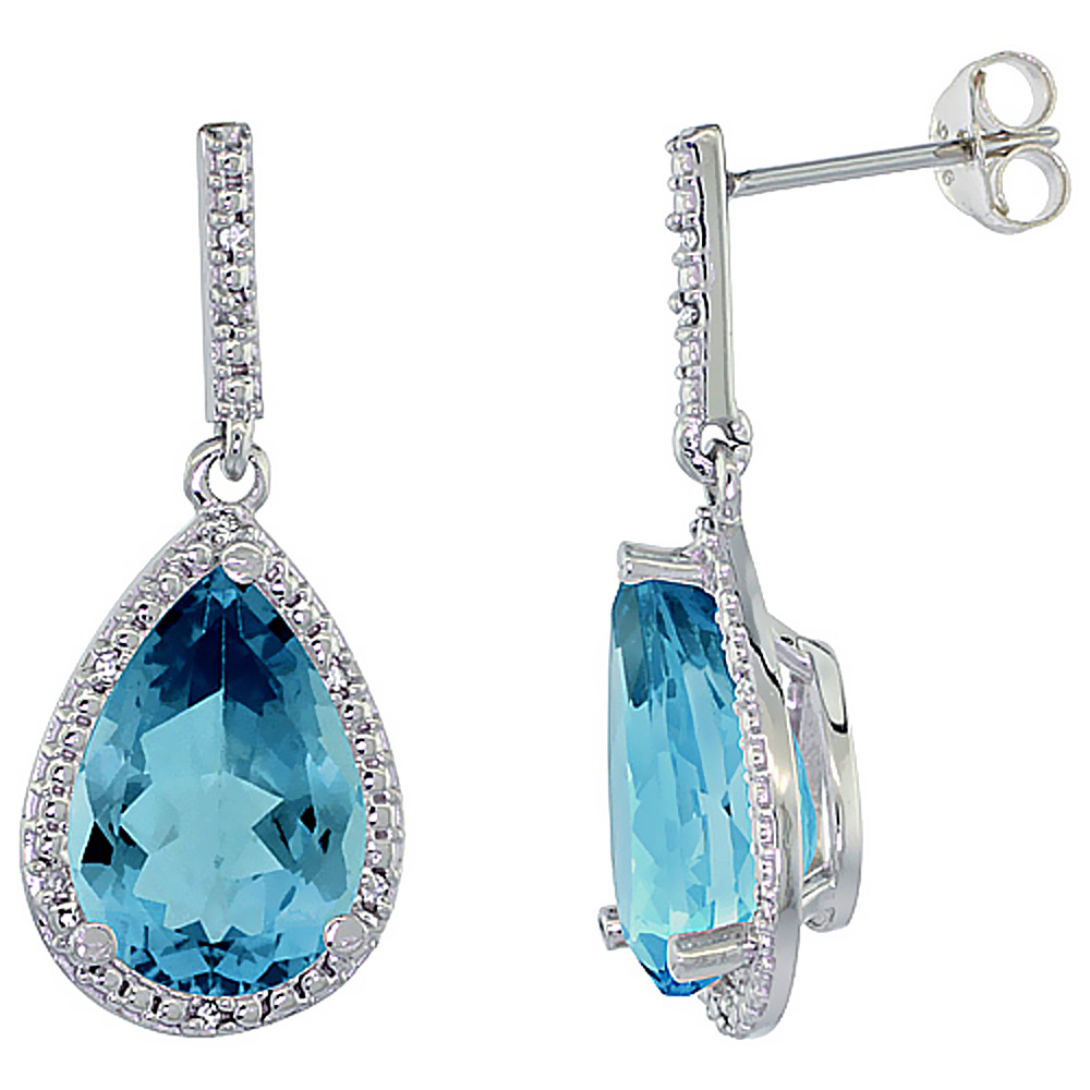 10K White Gold Diamond Halo Natural London Blue Topaz Dangle Earrings Pear Shaped 12x8 mm