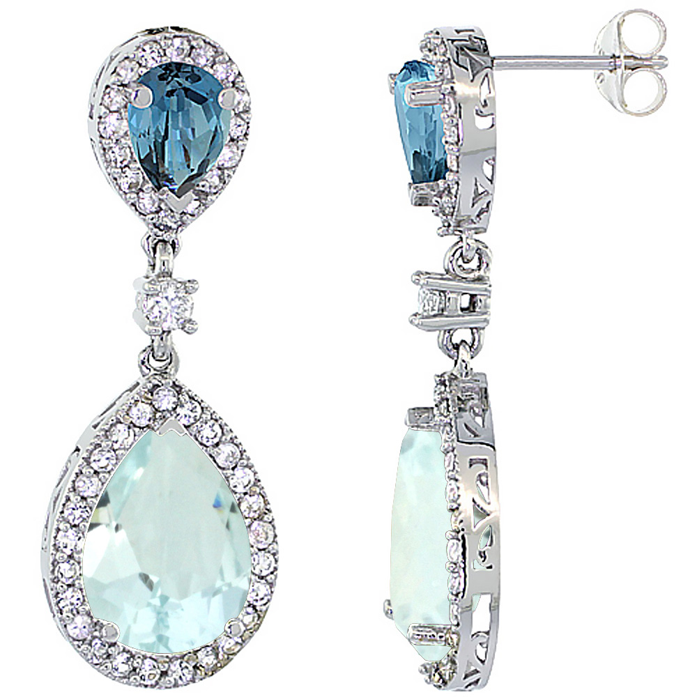 14K WHITE GOLD NATURAL AQUAMARINE & LONDON BLUE TOPAZ TEARDROP EARRINGS WHITE SAPPHIRE & DIAMOND