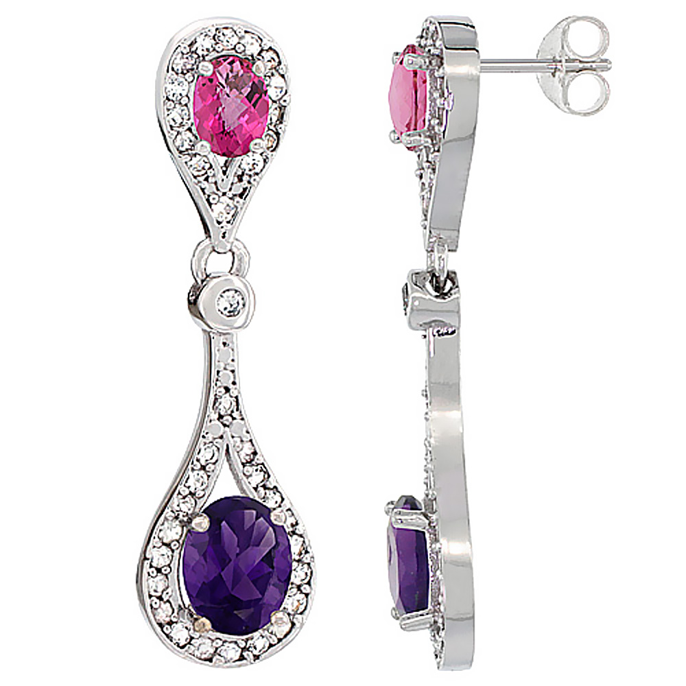 14K WHITE GOLD NATURAL AMETHYST & PINK TOPAZ OVAL DANGLING EARRINGS WHITE SAPPHIRE & DIAMOND ACCENTS, 1 3/8 INCHES LONG