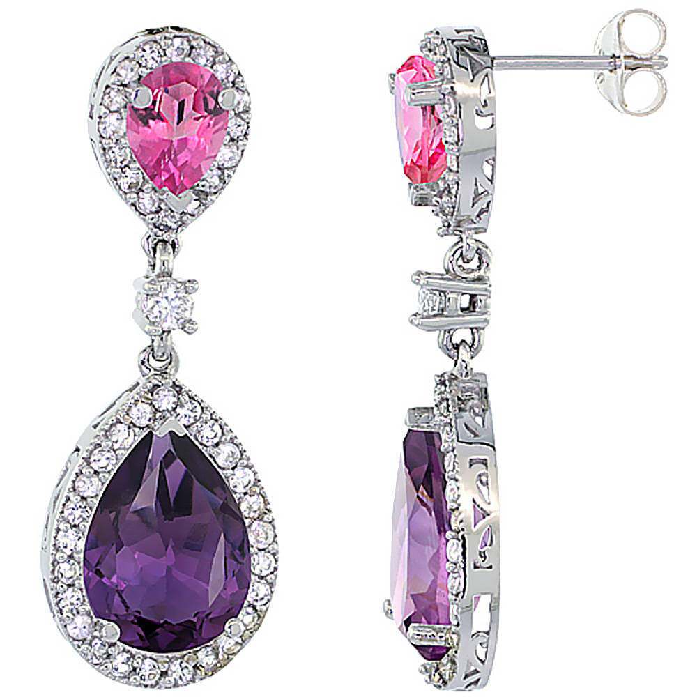 10K WHITE GOLD NATURAL AMETHYST & PINK TOPAZ TEARDROP EARRINGS WHITE SAPPHIRE & DIAMOND