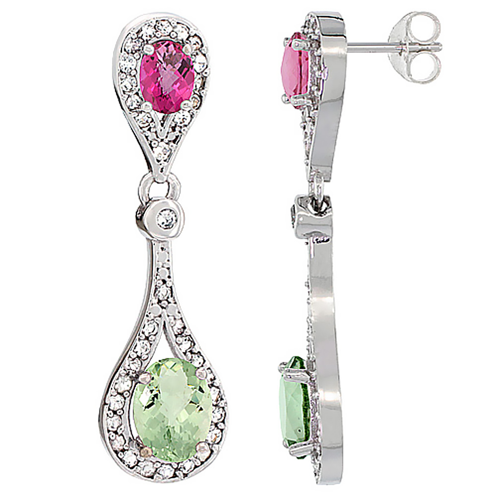 14K WHITE GOLD NATURAL GREEN AMETHYST & PINK TOPAZ OVAL DANGLING EARRINGS WHITE SAPPHIRE & DIAMOND ACCENTS, 1 3/8 INCHES LONG
