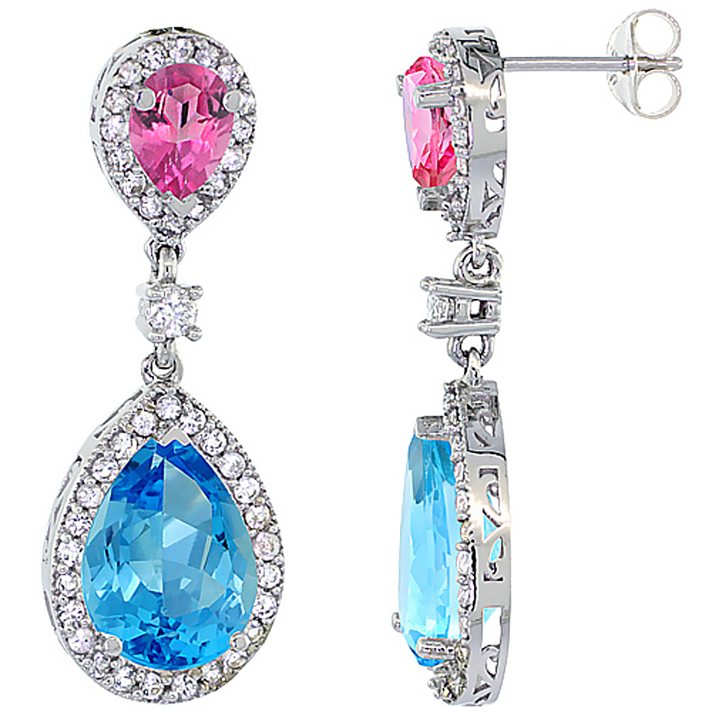10K WHITE GOLD NATURAL SWISS BLUE & PINK TOPAZES TEARDROP EARRINGS WHITE SAPPHIRE & DIAMOND