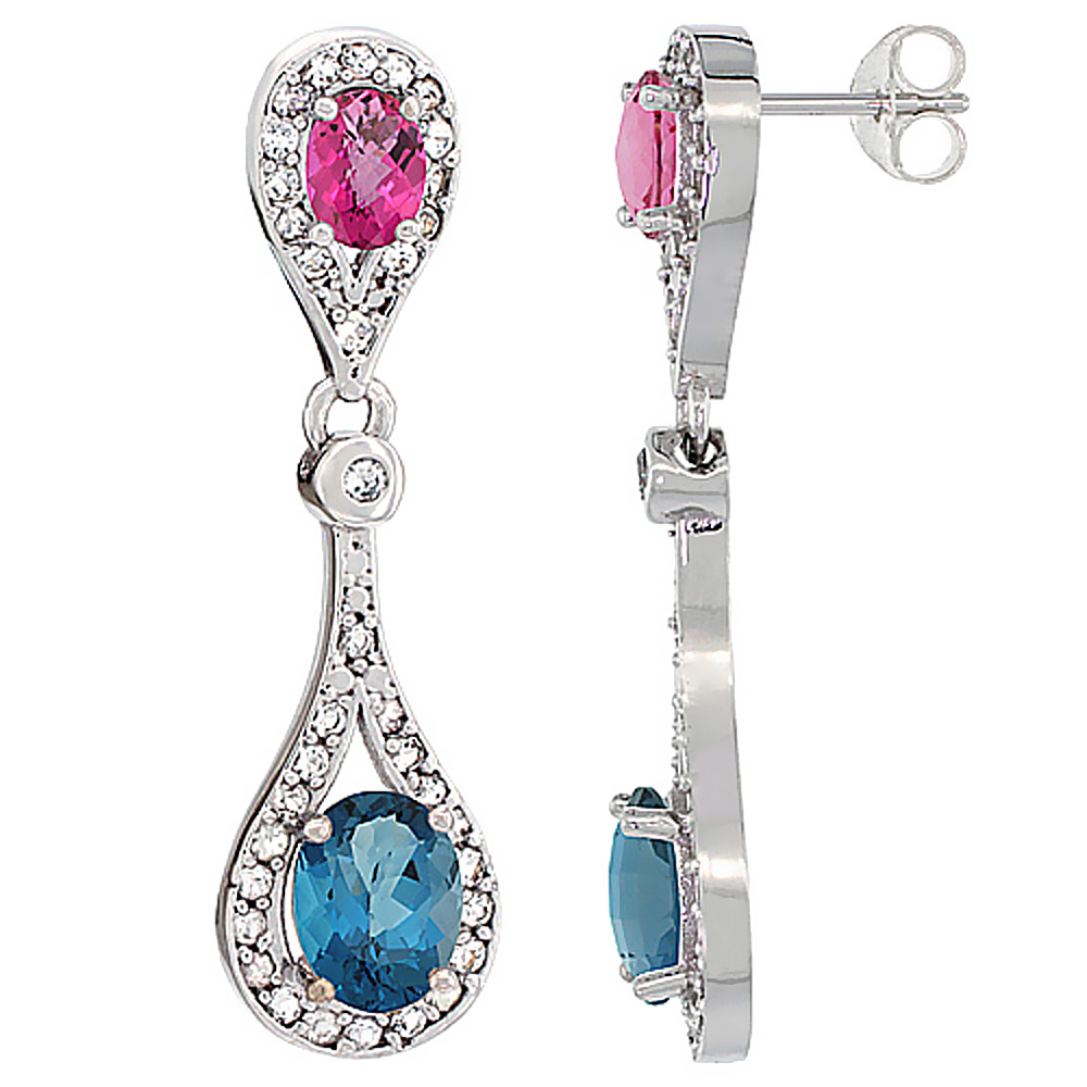 10K WHITE GOLD NATURAL LONDON BLUE TOPAZ & PINK TOPAZ OVAL DANGLING EARRINGS WHITE SAPPHIRE & DIAMOND ACCENTS, 1 3/8 INCHES LONG