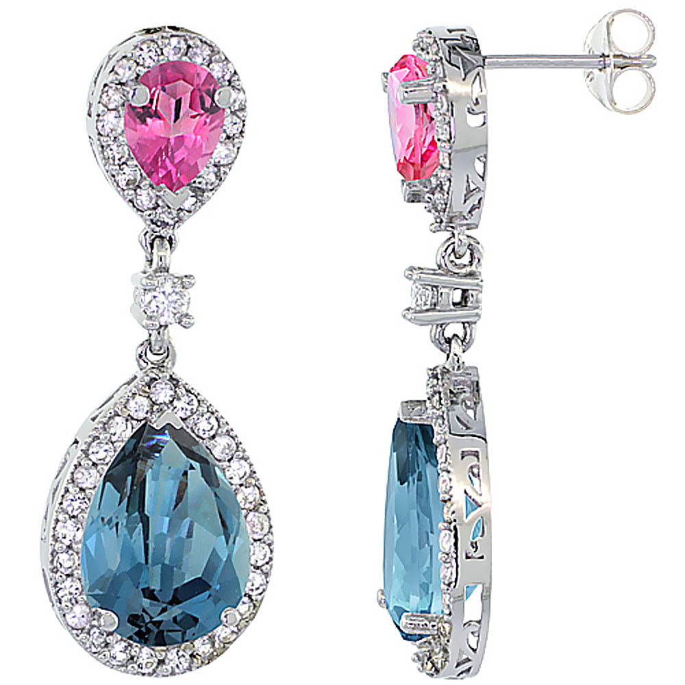 10K WHITE GOLD NATURAL LONDON BLUE & PINK TOPAZES TEARDROP EARRINGS WHITE SAPPHIRE & DIAMOND
