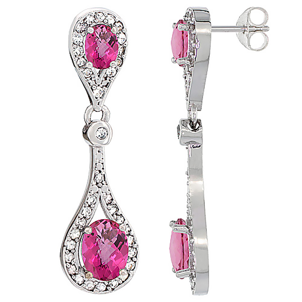 10K WHITE GOLD NATURAL PINK TOPAZ OVAL DANGLING EARRINGS WHITE SAPPHIRE & DIAMOND ACCENTS, 1 3/8 INCHES LONG