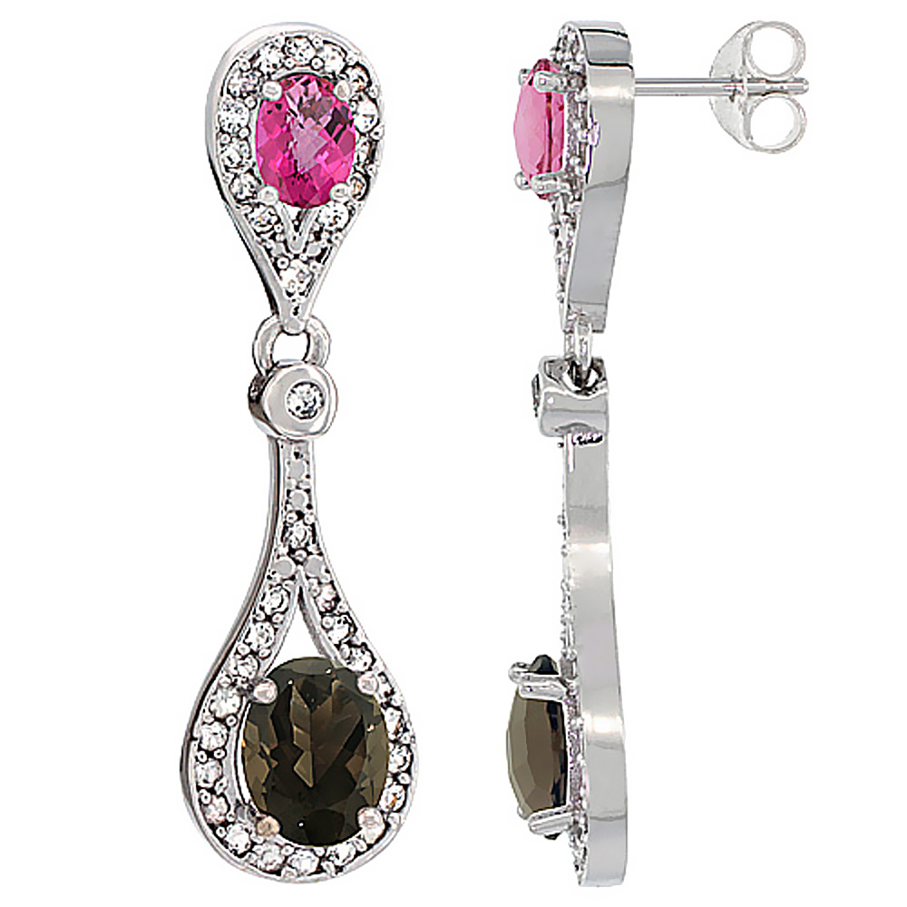 10K WHITE GOLD NATURAL SMOKY TOPAZ & PINK TOPAZ OVAL DANGLING EARRINGS WHITE SAPPHIRE & DIAMOND ACCENTS, 1 3/8 INCHES LONG
