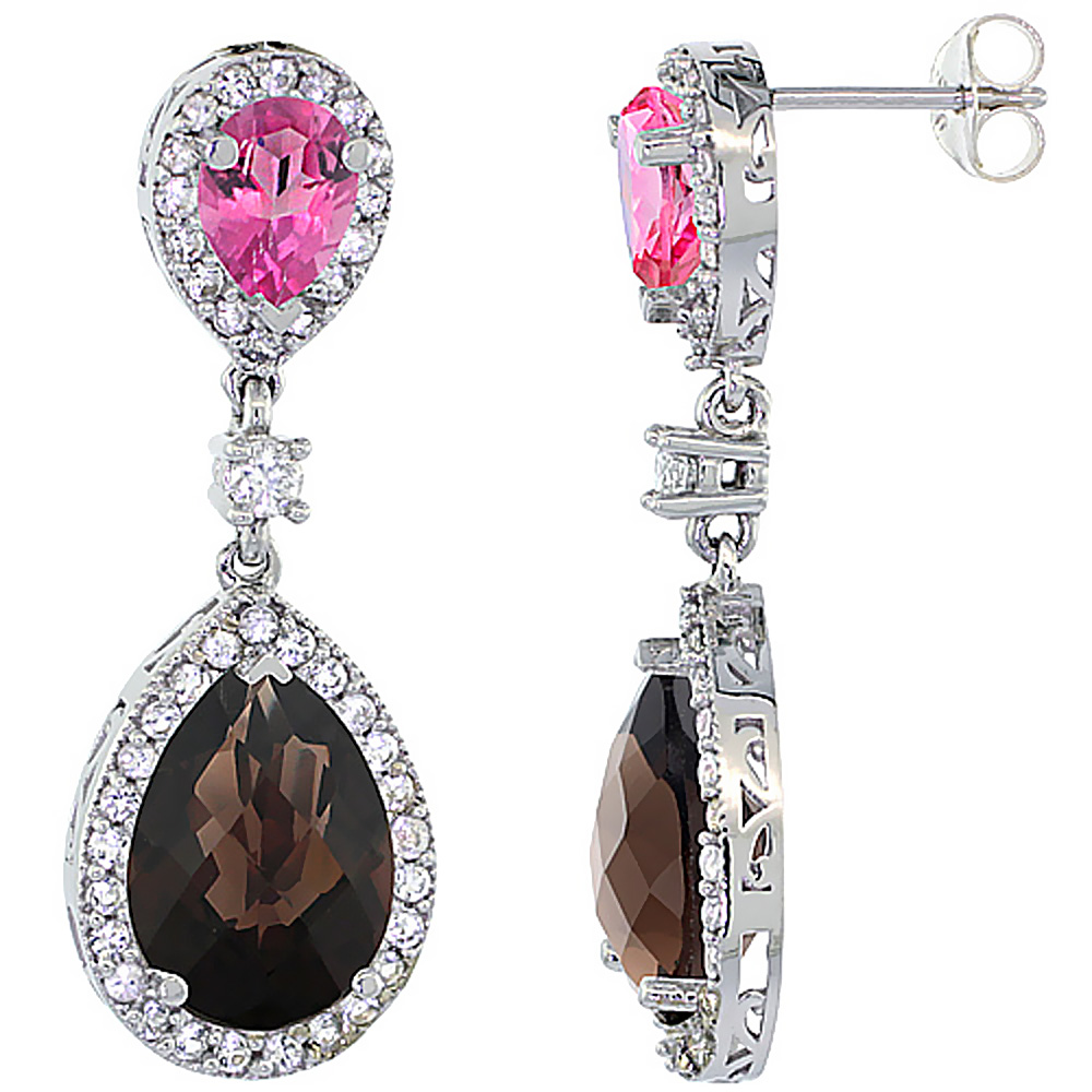 10K White Gold Natural Smoky & Pink Topazes Teardrop Earrings White Sapphire & Diamond