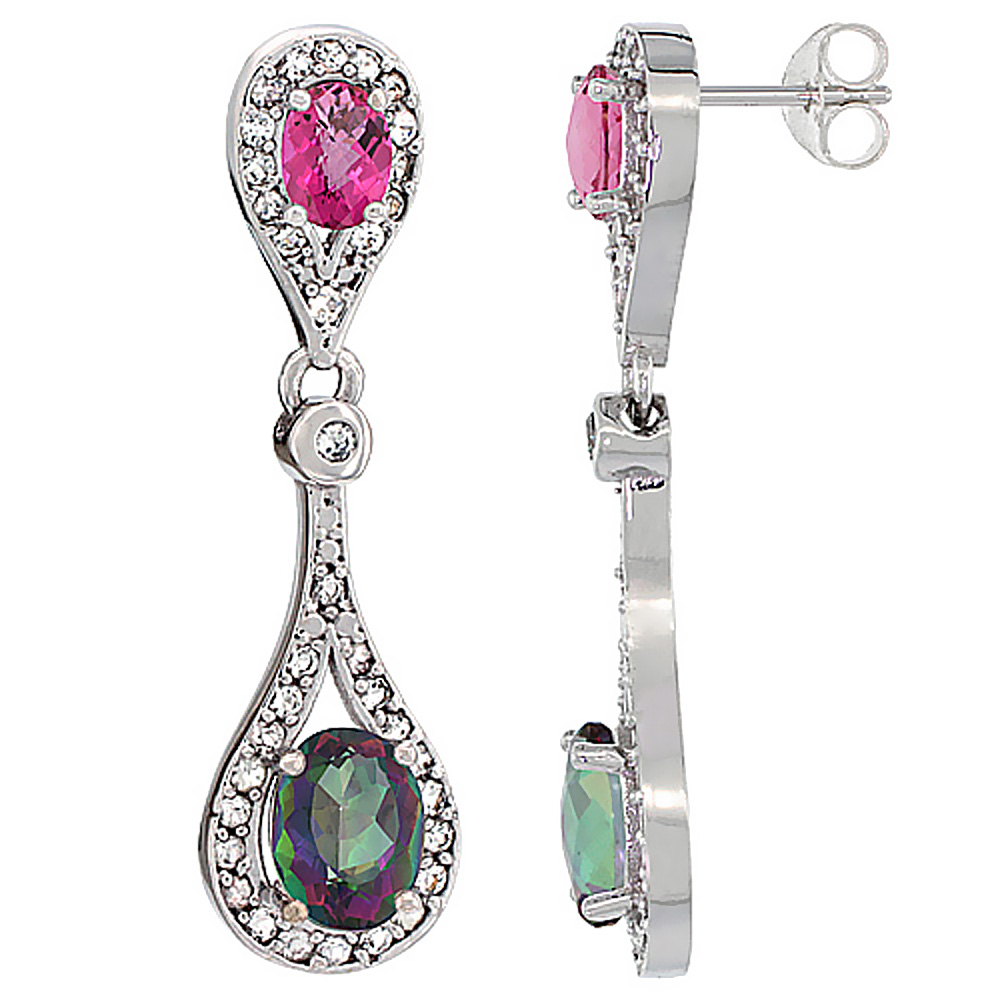 10K WHITE GOLD NATURAL MYSTIC TOPAZ & PINK TOPAZ OVAL DANGLING EARRINGS WHITE SAPPHIRE & DIAMOND ACCENTS, 1 3/8 INCHES LONG