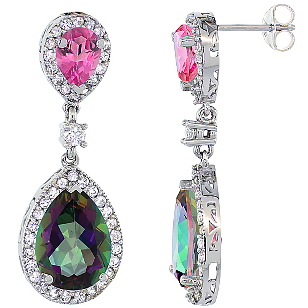 10K WHITE GOLD NATURAL MYSTIC & PINK TOPAZES TEARDROP EARRINGS WHITE SAPPHIRE & DIAMOND