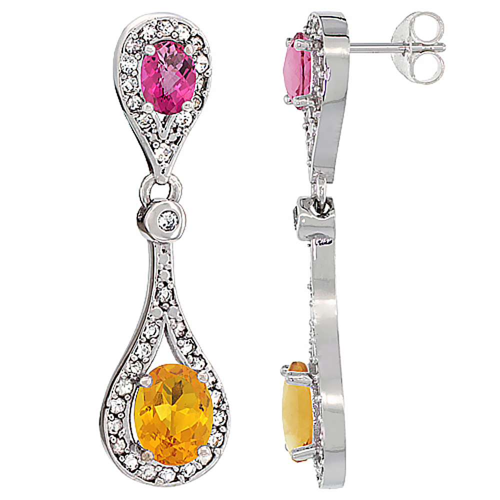 10K WHITE GOLD NATURAL CITRINE & PINK TOPAZ OVAL DANGLING EARRINGS WHITE SAPPHIRE & DIAMOND ACCENTS, 1 3/8 INCHES LONG